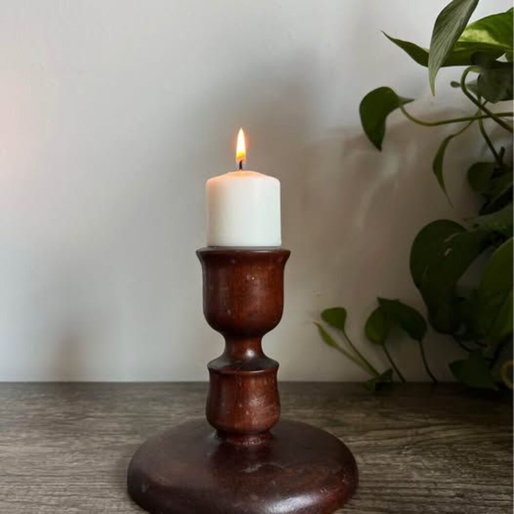 Vintage MCM Dark Brown Wood Candle Holder
